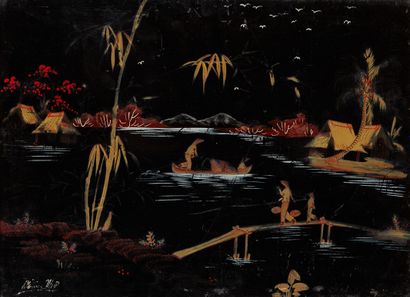 VIETNAM Panneau en laque paysage lacustre
Trace de signature en bas à gauche
29 x...