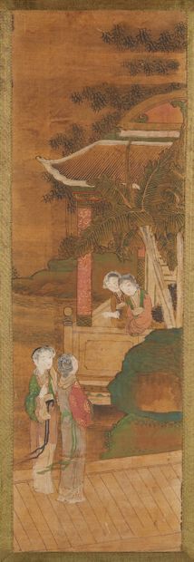 CHINE, Fin XIXe siècle Deux peintures sur soie marouflées sur papier représentant...