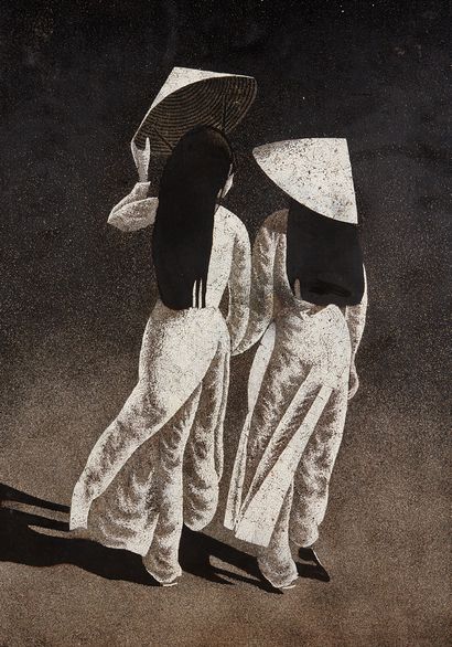 VIETNAM Panneau de laque
Deux jeunes femmes de dos.
50 x 69,5 cm