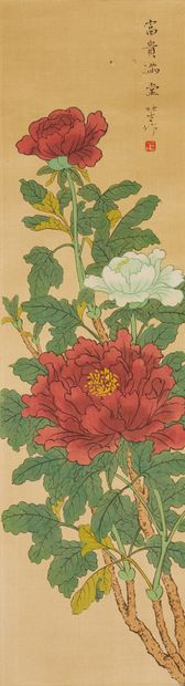 CHINE, XXe siècle Pair of ink and color paintings on paper, representing respectively...