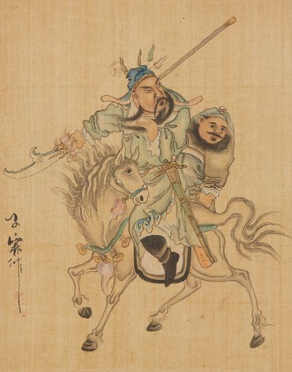 CHINE, XXe siècle Two small ink and color paintings on silk representing a rider...