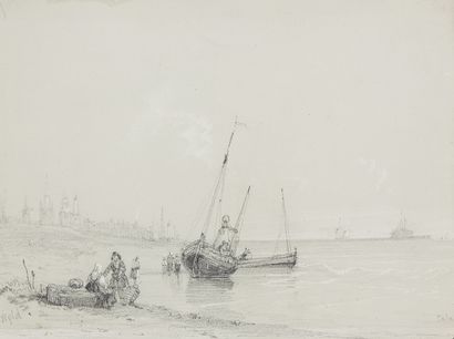 William WYLD (Londres 1806 - Paris 1889) Fishermen in Calais, seen from the East
Black...