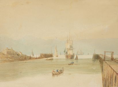 Louis FRANCIA (Calais 1772 - 1839) Bateaux de pêches sur la jetée de Calais
Aquarelle
Signée...