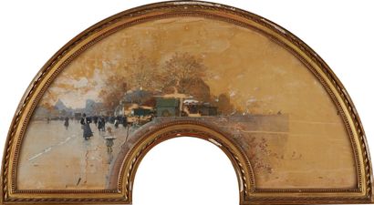Luigi LOIR (1845 - 1916) Scène de la vie parisienne près d'un pont
Projet d'éventail
Gouache...
