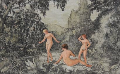 GEOTO (Actif au XXe siècle) Nymphes au bain
Plume et encre noire, lavis noir et gris,...