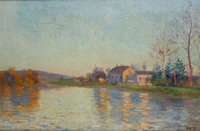 Georges LE MEILLEUR (1861 - 1945) Maisons au bord de Seine à la tombée de la nuit
Huile...