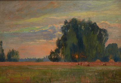 Georges LE MEILLEUR (1861 - 1945) Vaches au coucher du soleil devant les saules,...