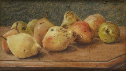 Pierre Ernest PRINS (1838 - 1913) Pommes et poires sur un entablement
Pastel sur...