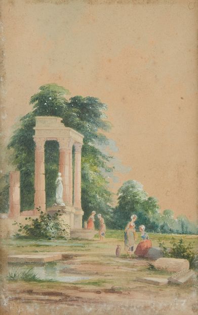 École FRANÇAISE, 1880 Women drawing water near the ruins of an ancient temple
Watercolor
Monogrammed...