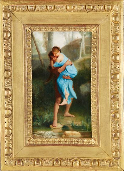 Emile LEVY (Paris 1826 - 1890) La fugue amoureuse
Panneau, une planche, non parqueté...
