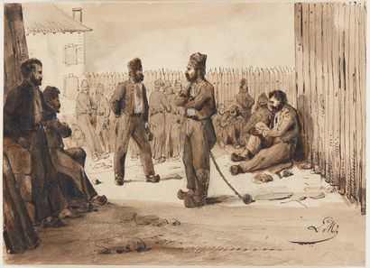 L. M. (actif au XIXe siècle) The prisoners
Pen and black ink, black and grey wash
Monogrammed...