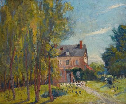 Georges LE MEILLEUR (1861 - 1945) Fermière et ses poules devant une maison
Huile...