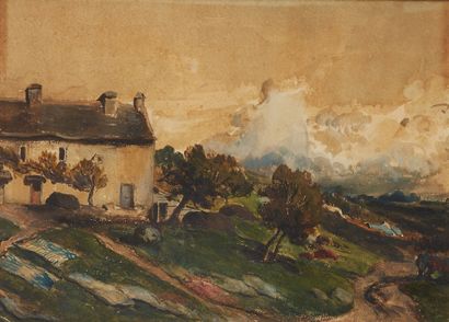 Eugène ISABEY (Paris 1803 - Montévrain 1886) Hilly landscape, during a trip in Brittany
Watercolor
Inscribed...
