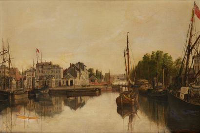 Eugène van der LINDEN (Actif à la fin du XIXe siècle) Vue de port
Sur sa toile d'origine
Signé...