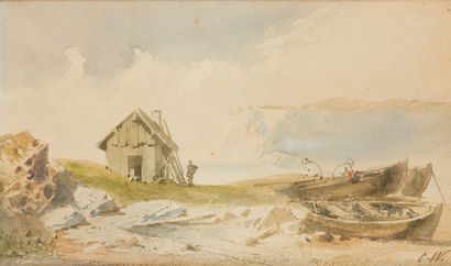 William CALLOW (Greenwich 1812 - Great Missenden 1908) Barques et cabane de pêcheurs...