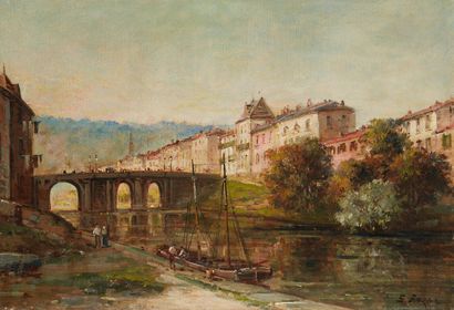 E. RAZAS (actif à la fin du XIXe siècle) Village near a river
On its original canvas
Signed...