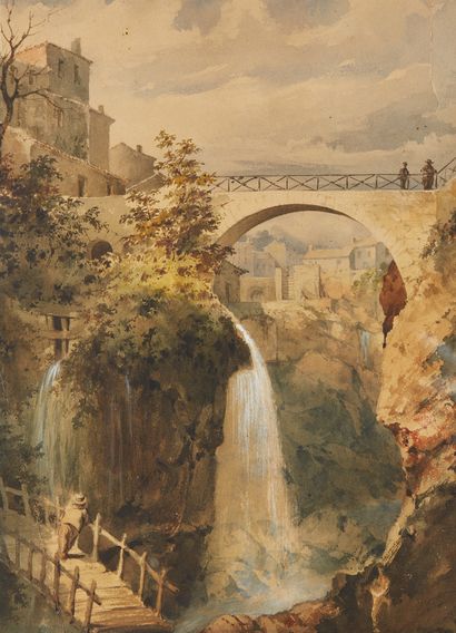Attribué à Vincent CORDOUAN (1810 - 1893) Promeneurs sur le pont d'un torrent du...