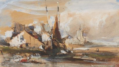 Eugène ISABEY (Paris 1803 - Montévrain 1886) House and boats at low tide
Watercolor...