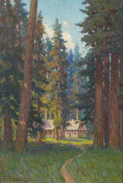 Willis E. DAVIS (1855 - 1910) La maison au milieu des grands arbres, probablement...