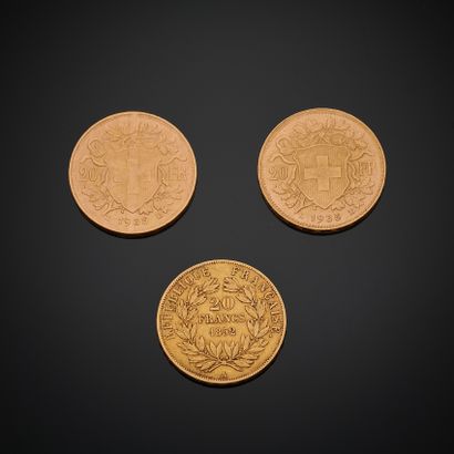 null LOT de trois pièces d'or 900 mm comprenant:
-deux pièces de 20 francs suisses
-une...