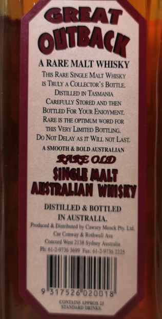 null 1 bouteille GREAT OUTBACK Single Malt "Rare Old" AUSTRALIAN WHISKY
