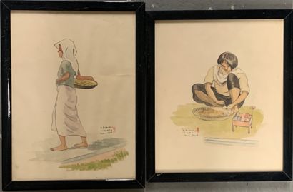 null DEUX AQUARELLES
figurant une jeune femme au panier et une jeune femme déjeunant....