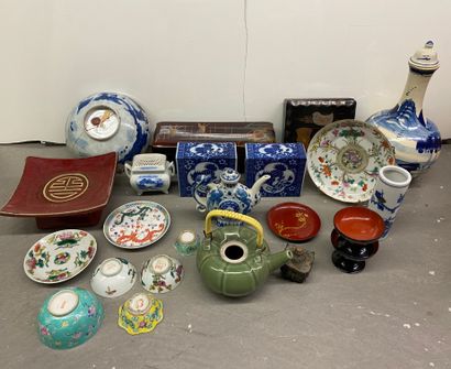 null SET
of Asian objects including porcelains, lacquer boxes, two coasters and various.
(accidents,...