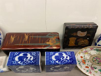 null SET
of Asian objects including porcelains, lacquer boxes, two coasters and various.
(accidents,...