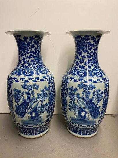 null CHINE
Paire de grands vases en porcelaine décorés en bleu de fleurs et paons.
H....
