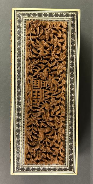 null BOX 
Rectangular box with carved wood panels surrounded by bone fillets.
Middle...