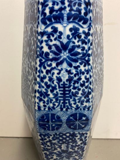null CHINE
Grand vase de forme hexagonale en porcelaine bleu-blanc au motif xi et...