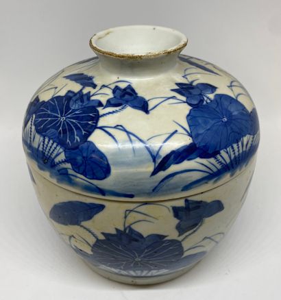null CHINA
Porcelain ginger pot decorated in blue-white underglaze with lotus flowers....