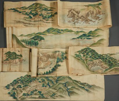 null JAPON
Suite de sept rouleaux, encre et couleur sur papier représentant des paysages...