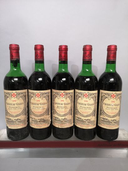 null 5 bottles Château GAZIN - Pomerol 1976 Slightly stained and damaged labels....