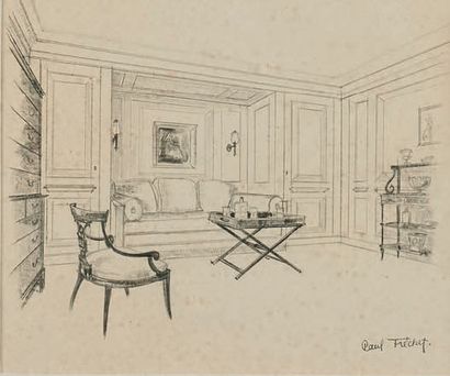 FRECHET Paul (1875- 1973) Deux dessins préparatoires pour des intérieurs. Fusain...