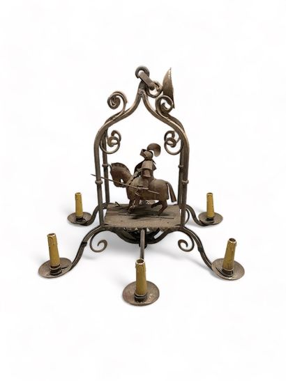 null Wrought-iron cage chandelier with six arms decorated with a knight in armor....