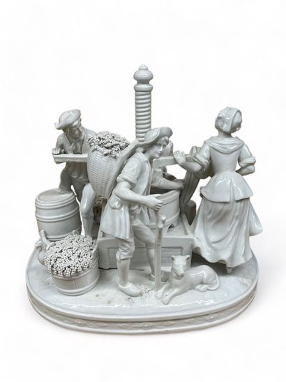 null -Grape pressing, group of grape pickers.
White enameled porcelain group 
circa...