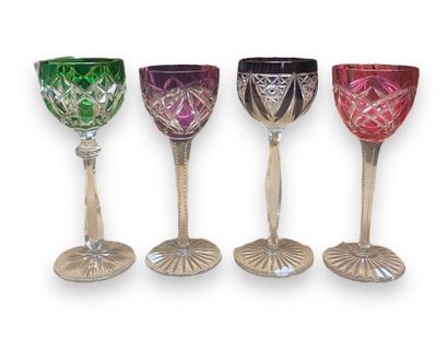 null Set of eight Rhine wine glasses in colored crystal, some with gold highlights...