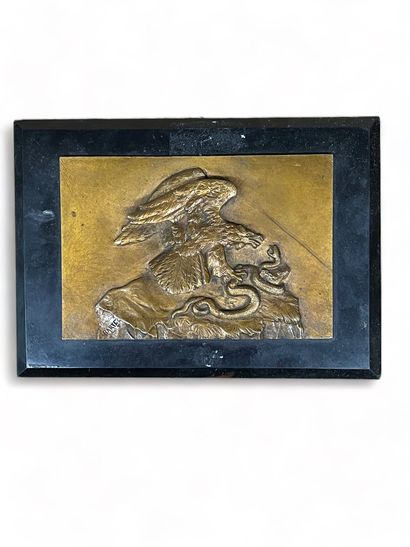 null BARYE after 
A bas-relief plaque with a golden-brown patina depicting a bird...