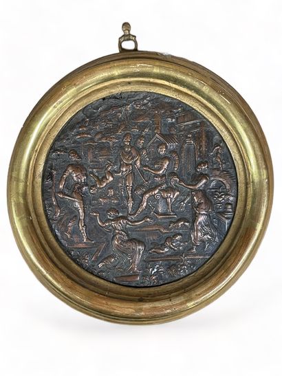 null -An embossed copper tondo plaque depicting the Judgment of Solomon, enclosed...