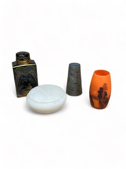 null Set comprising an alabaster box, an enameled porcelain tea box, an orange glass...
