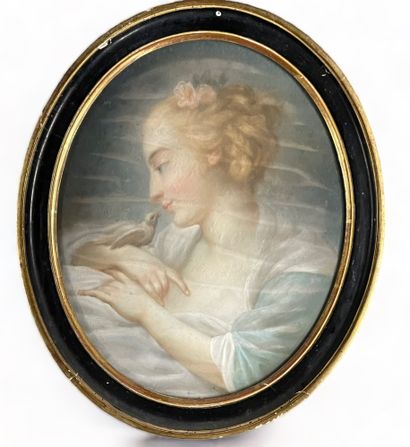 null French school of the 19th century.
Oval pastel, woman with bird.
Size: 44.5...