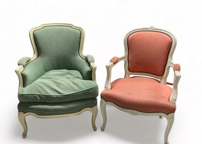 null Cabriolet armchair and a bergère in white lacquered wood with green and salmon...