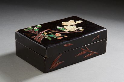 null Chine, fin XIXe siècle,
Boîte couverte en bois laqué noir à décor de fleurs...
