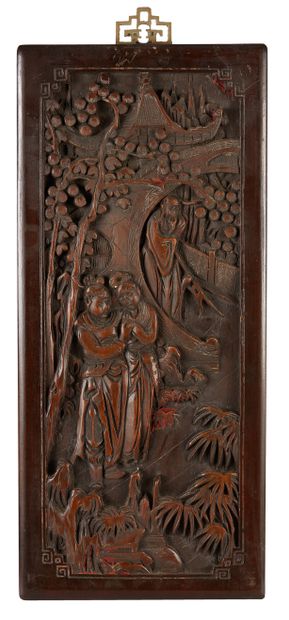 null China, circa 1900
Two wood panels carved in relief, one depicting a couple in...