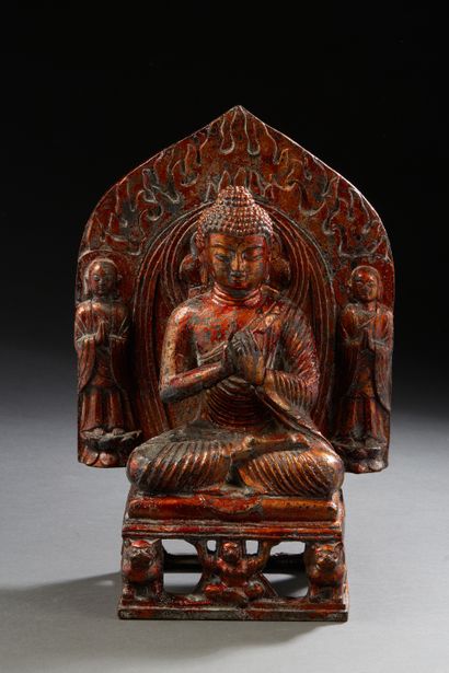 null Chine du Sud, fin XIXe siècle
Groupe en bronze avec traces de laque rouge, représentant...