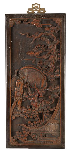 null China, circa 1900
Two wood panels carved in relief, one depicting a couple in...