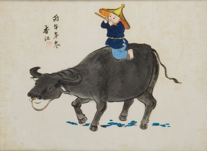 null Chine, 1966
Encre et couleurs sur soie représentant un jeune flutiste sur son...