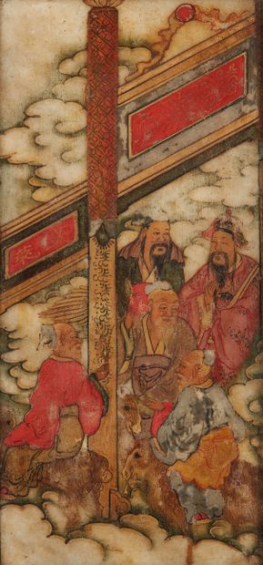null China, circa 1900
Two soapstone plaques painted in polychrome with Tao dignitaries.
Dim....