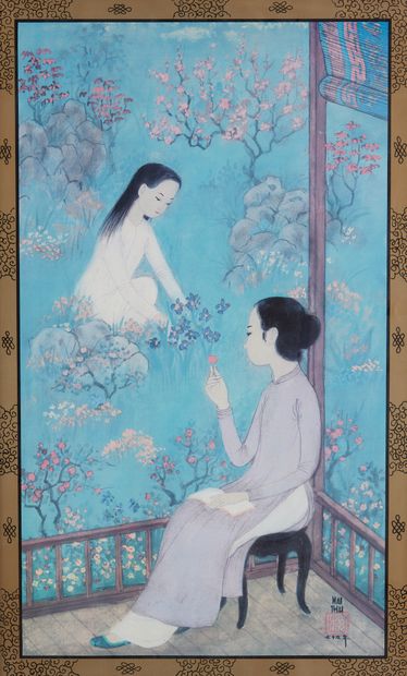 null D'après Mai Thu (1906-1980)
Reproduction d'une œuvre de Mai Thu sur soie bleue,...